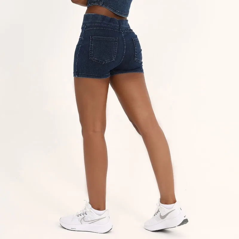 High Waist Dual Pocket Denim Yoga Shorts Women Tight Workout Shorts Gym Fitness Stretchy Shorts Outdoor Sports Wear