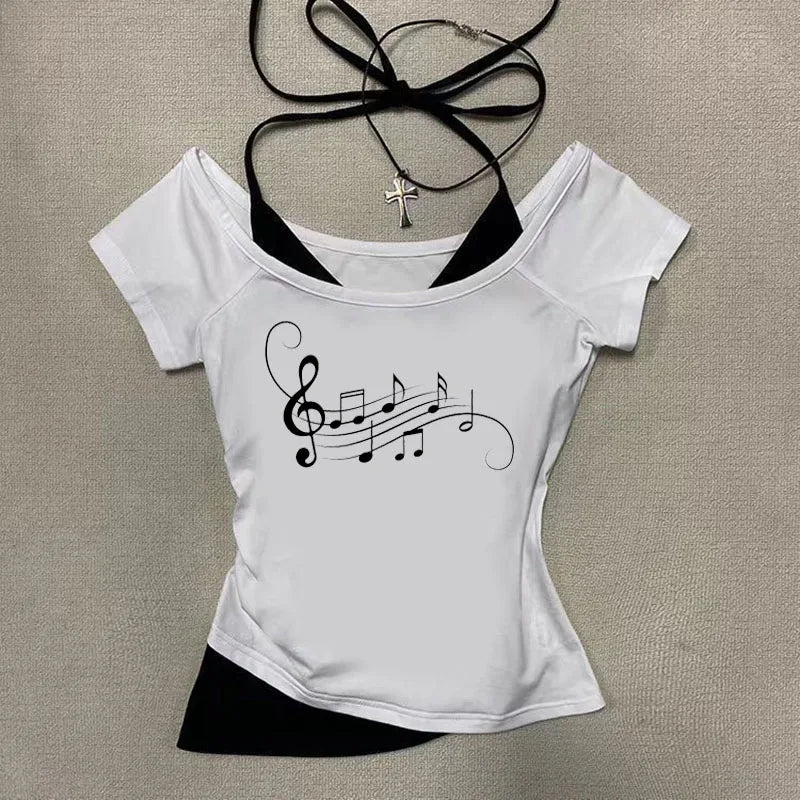 Women's Y2K Retro Harajuku Summer Casual T-Shirt Halter Neck Print Streetwear Fake Two-Piece Set Fashionable Street Style