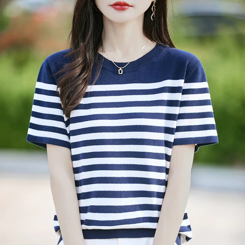 Summer New 100% Cotton Knitted Short-Sleeved Women's Round Neck Color Matching Printed T-Shirt Loose Plus Size Half Sleeve Top