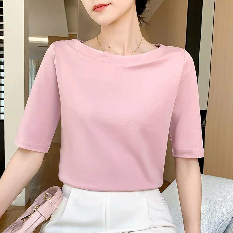 Summer New 100% Cotton Word-Neck T-shirt Women's Short-Sleeved Fashion Bottoming With Solid Color Slimming Top