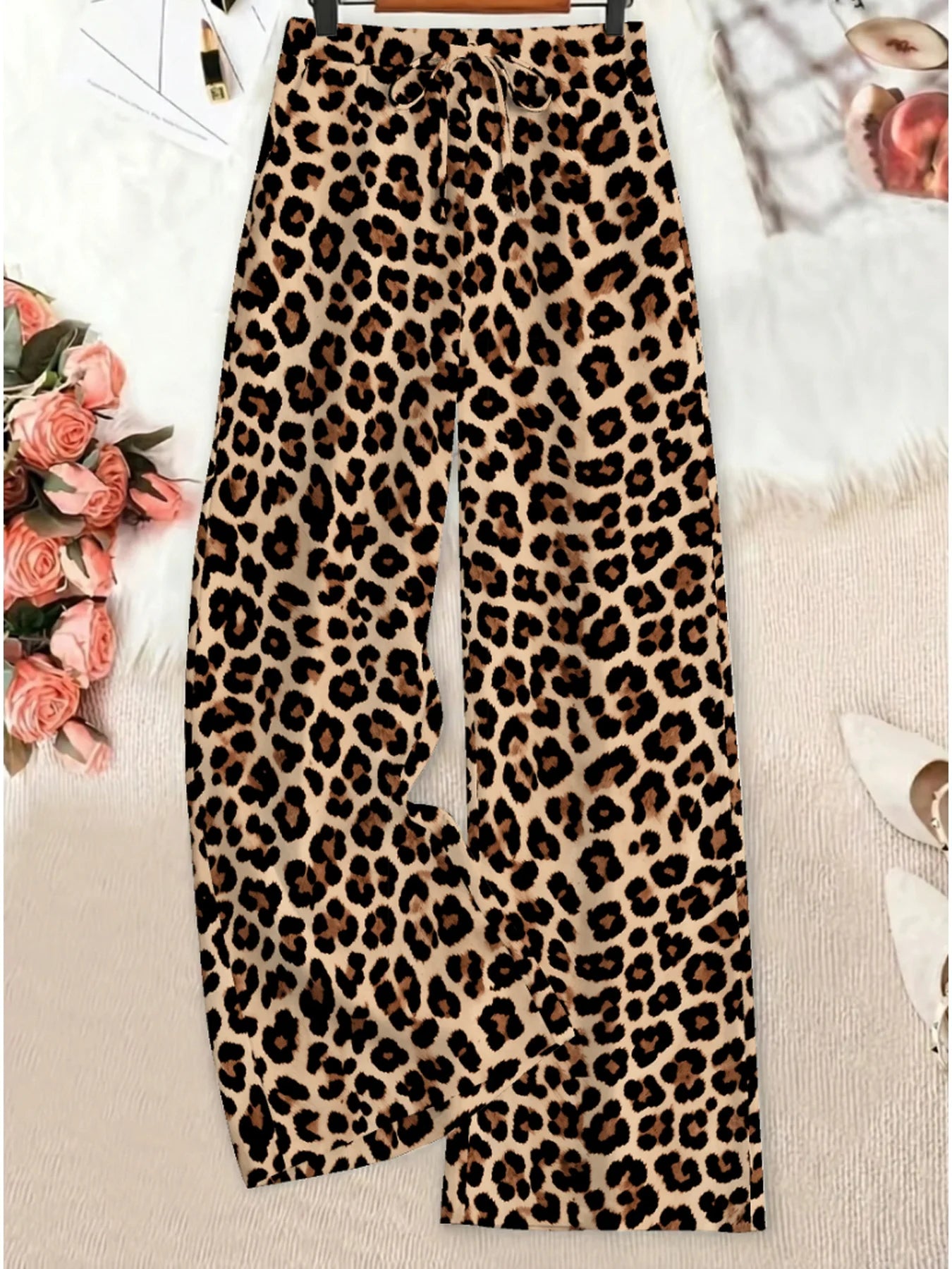 Summer women's casual and elegant leopard print elastic waistband tied loose wide leg pants