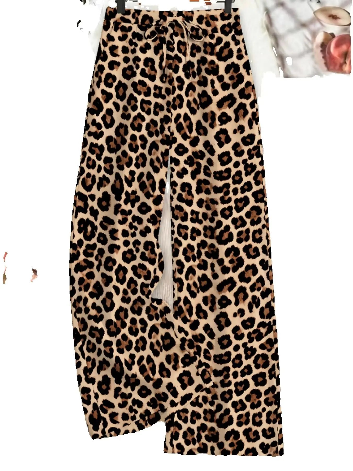 Summer women's casual and elegant leopard print elastic waistband tied loose wide leg pants