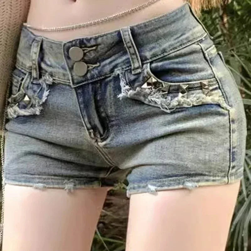 American vintage hot girl denim shorts female summer new low waist show thin high street design feeling pack hip ultra short hot
