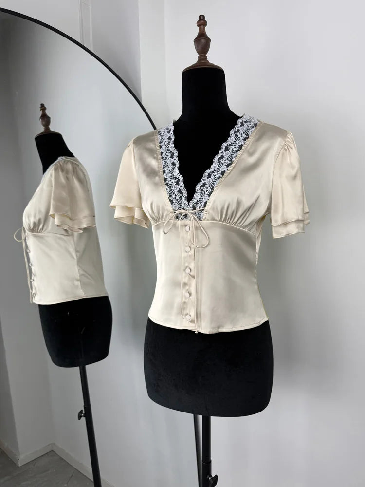 Tossy Lace Summer V-Neck T-shirt Top For Women Lace-Up Hollow Out Short Sleeve Printed Cropped Top Pullover Female Bandage Tee