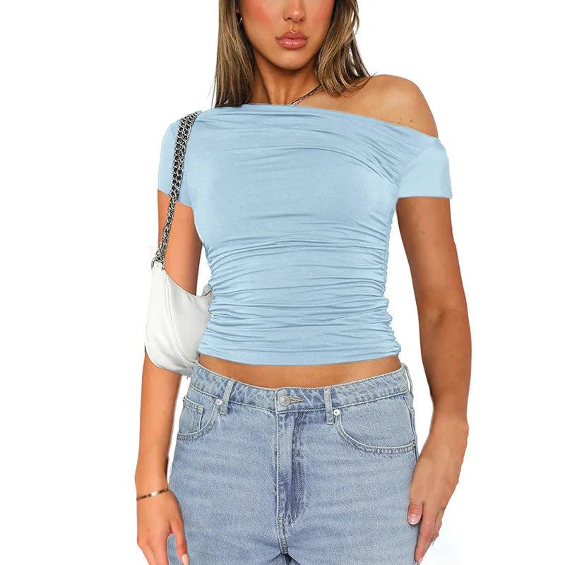 Solid Color High Elasticity Fabric Slash Shoulder Short Sleeve Pleated Navel Reveal Top for Women Casual Shrinkage Top