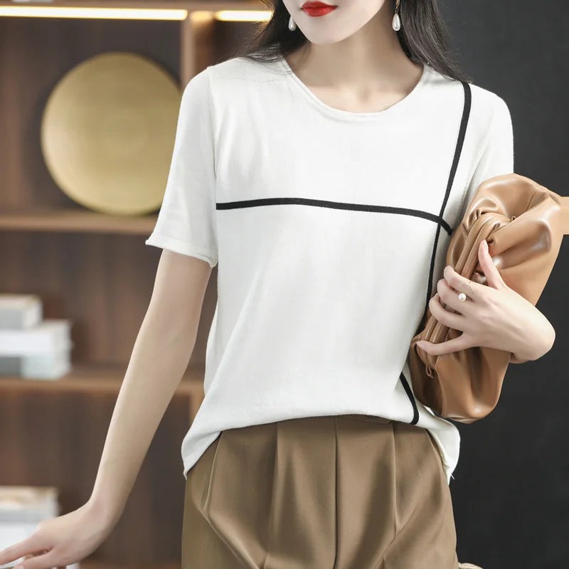 Summer New 100% Cotton Knitted Short-Sleeved Women's Round Neck Color Matching Printed T-Shirt Loose Plus Size Half Sleeve Top