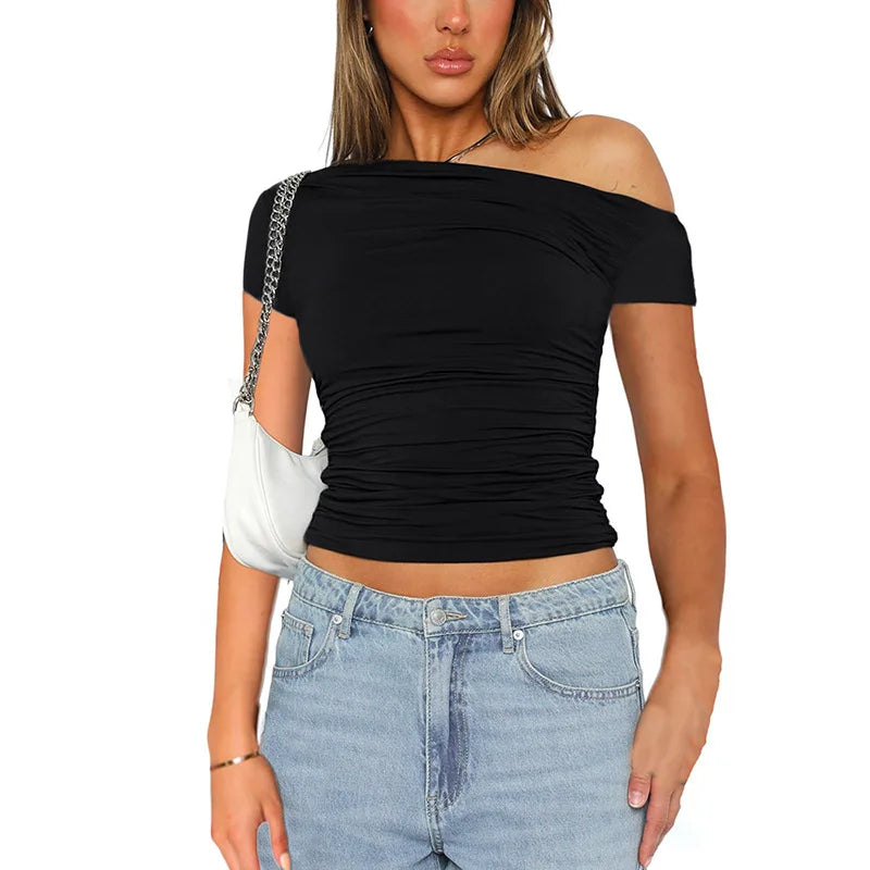 Solid Color High Elasticity Fabric Slash Shoulder Short Sleeve Pleated Navel Reveal Top for Women Casual Shrinkage Top