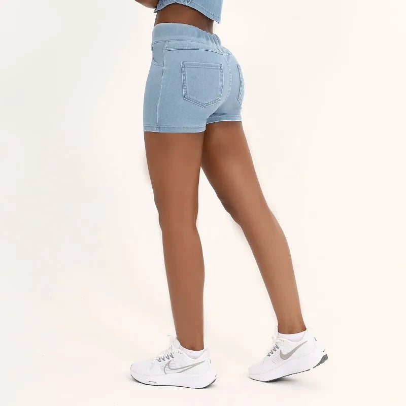 High Waist Dual Pocket Denim Yoga Shorts Women Tight Workout Shorts Gym Fitness Stretchy Shorts Outdoor Sports Wear