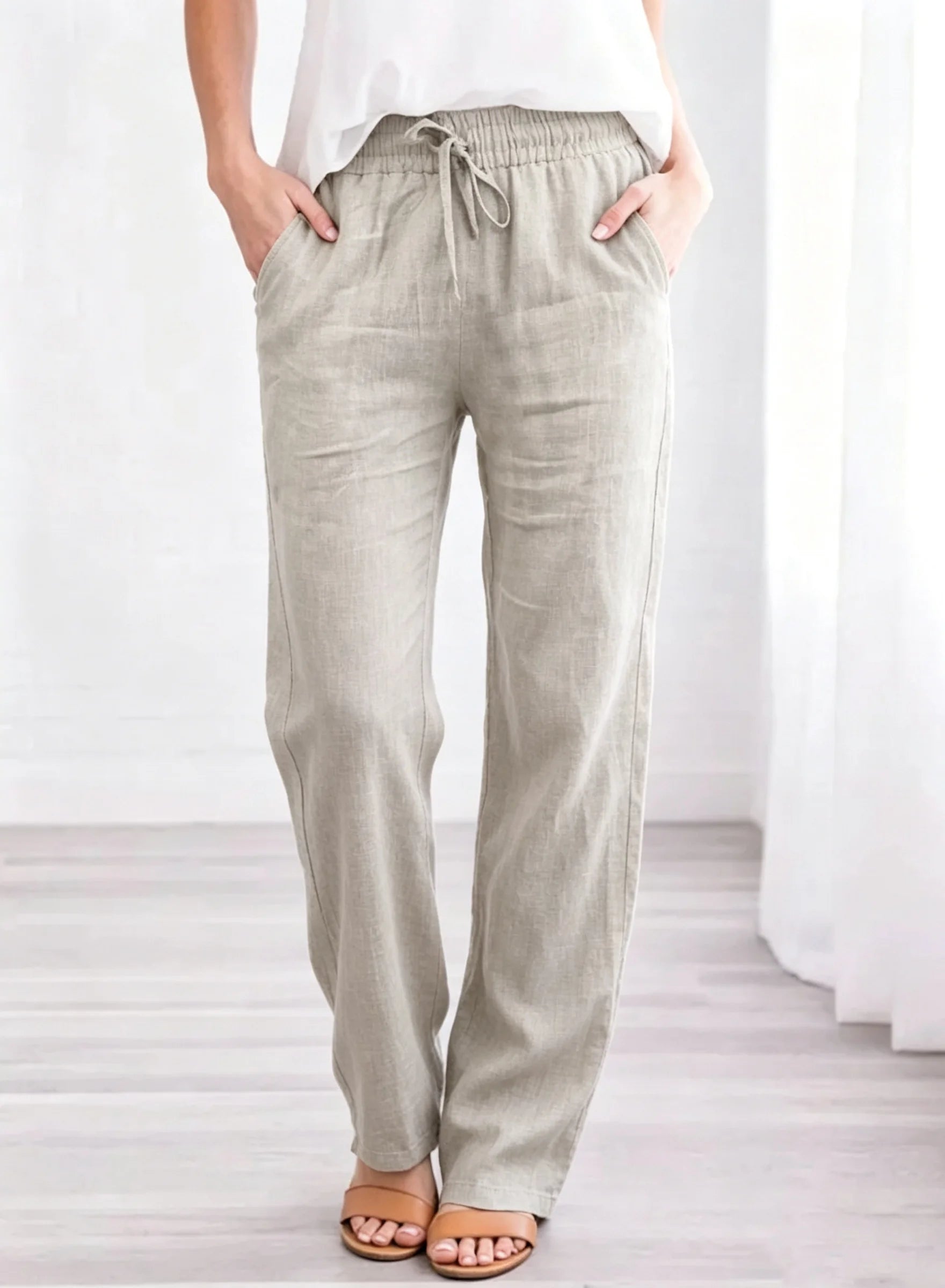 Women Cotton Linen Drawstring Pants Elastic Waist Casual Solid Color Trousers Baggy Loose Straight Leg Breathable Sweatpants
