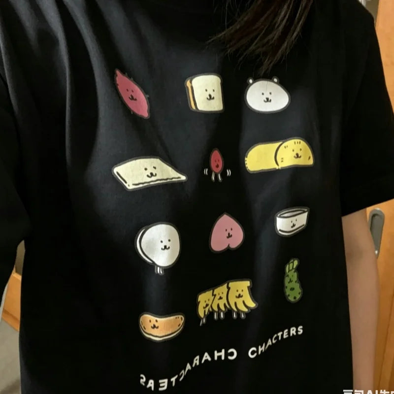Kawaii Food Character Graphic T-Shirt Women's Loose Casual Tee Cute Bread & Veggie Print Black/White Summer Crewneck Top