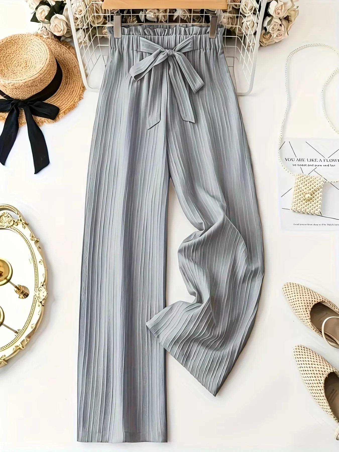 Dusty Blue Pleated Tie-Waist Wide Leg Pants, High Waist Ruffle Trim, Drapy Casual Trousers