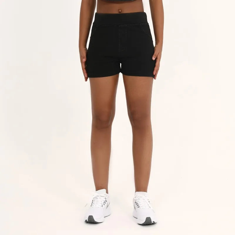 High Waist Dual Pocket Denim Yoga Shorts Women Tight Workout Shorts Gym Fitness Stretchy Shorts Outdoor Sports Wear