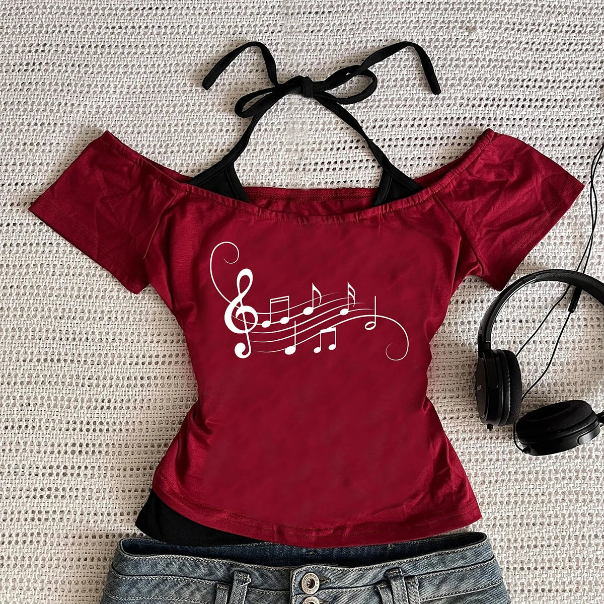 Women's Y2K Retro Harajuku Summer Casual T-Shirt Halter Neck Print Streetwear Fake Two-Piece Set Fashionable Street Style