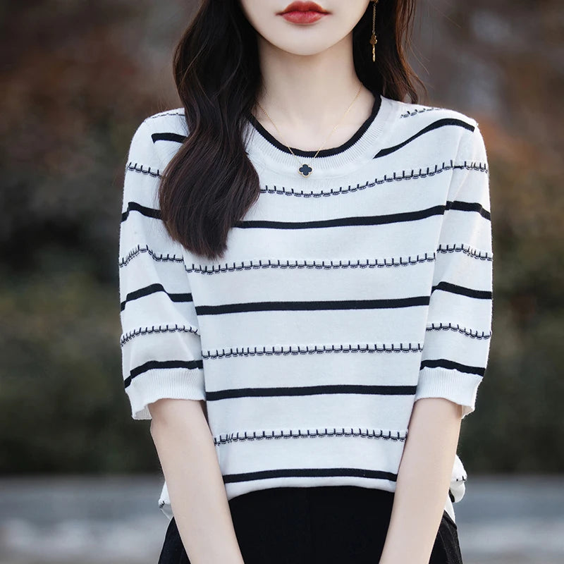 Summer New 100% Cotton Knitted Short-Sleeved Women's Round Neck Color Matching Printed T-Shirt Loose Plus Size Half Sleeve Top