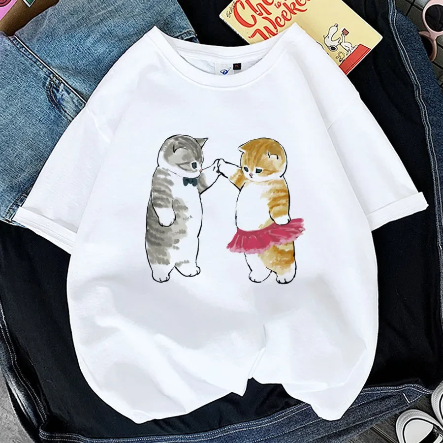 Tops Woman 2024 T Shirt Kawaii Cat Shark Print T-shirt Summer Korean Harajuku Fashion Short Sleeve Tee Funny Animal Graphic Tee
