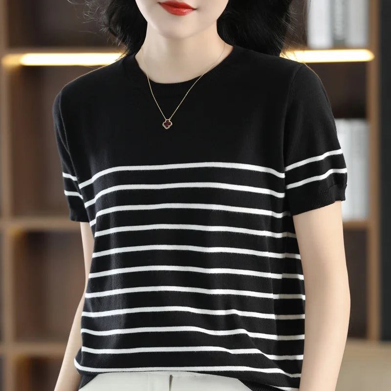 Summer New 100% Cotton Knitted Short-Sleeved Women's Round Neck Color Matching Printed T-Shirt Loose Plus Size Half Sleeve Top