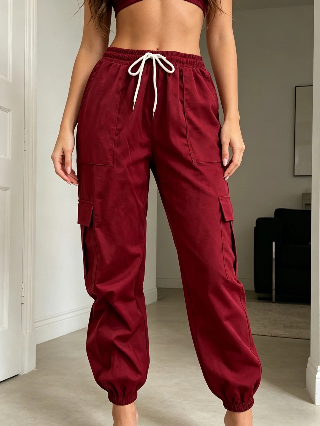 Women's American-style Street-style Drawstring Elastic Waist Pants with Multiple Pockets and Cargo-style Loose-cuffed Trousers