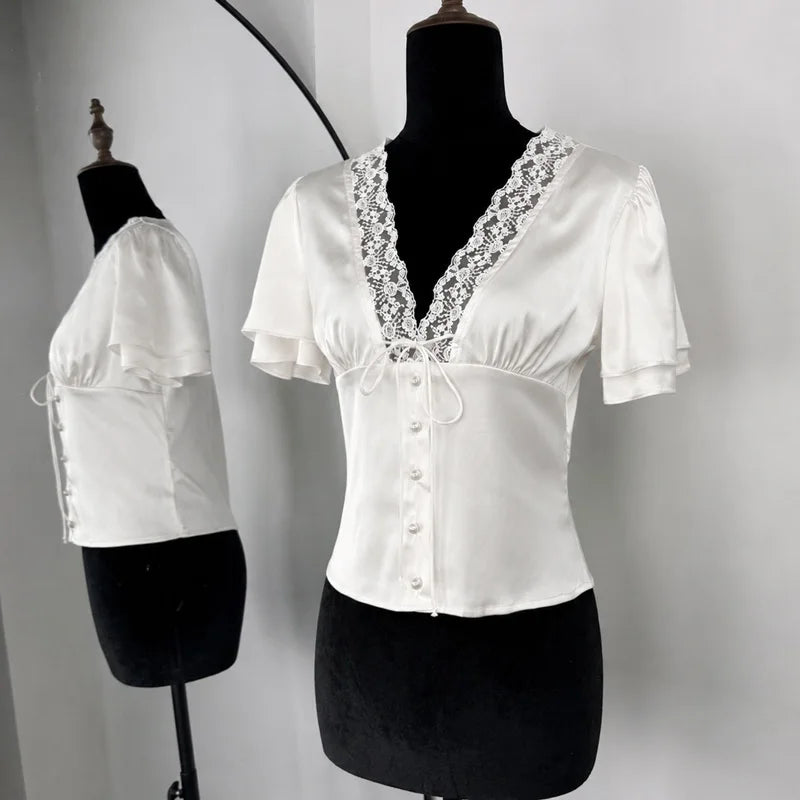 Tossy Lace Summer V-Neck T-shirt Top For Women Lace-Up Hollow Out Short Sleeve Printed Cropped Top Pullover Female Bandage Tee