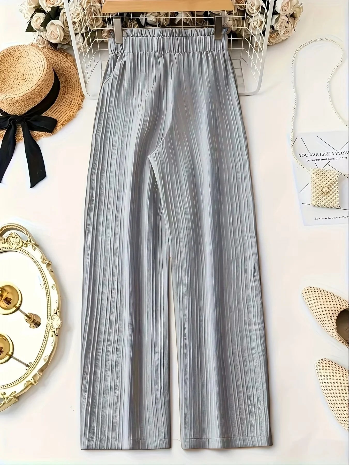 Dusty Blue Pleated Tie-Waist Wide Leg Pants, High Waist Ruffle Trim, Drapy Casual Trousers
