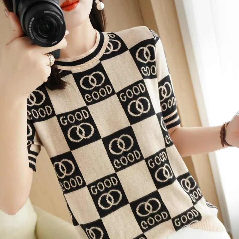 Summer New 100% Cotton Knitted Short-Sleeved Women's Round Neck Color Matching Printed T-Shirt Loose Plus Size Half Sleeve Top