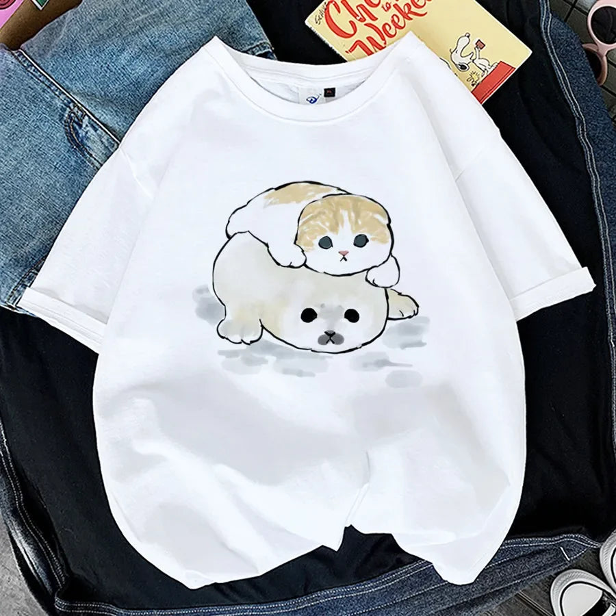 Tops Woman 2024 T Shirt Kawaii Cat Shark Print T-shirt Summer Korean Harajuku Fashion Short Sleeve Tee Funny Animal Graphic Tee