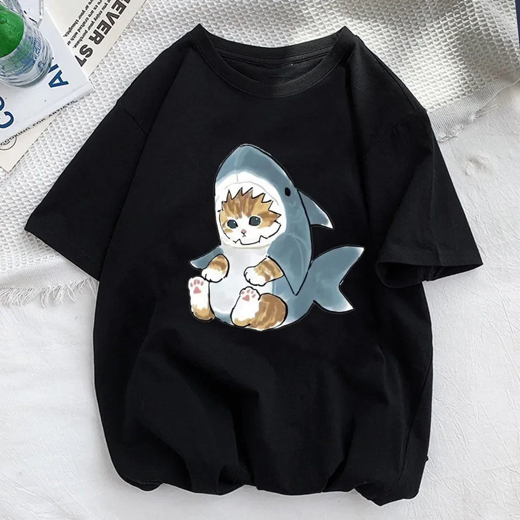 Tops Woman 2024 T Shirt Kawaii Cat Shark Print T-shirt Summer Korean Harajuku Fashion Short Sleeve Tee Funny Animal Graphic Tee