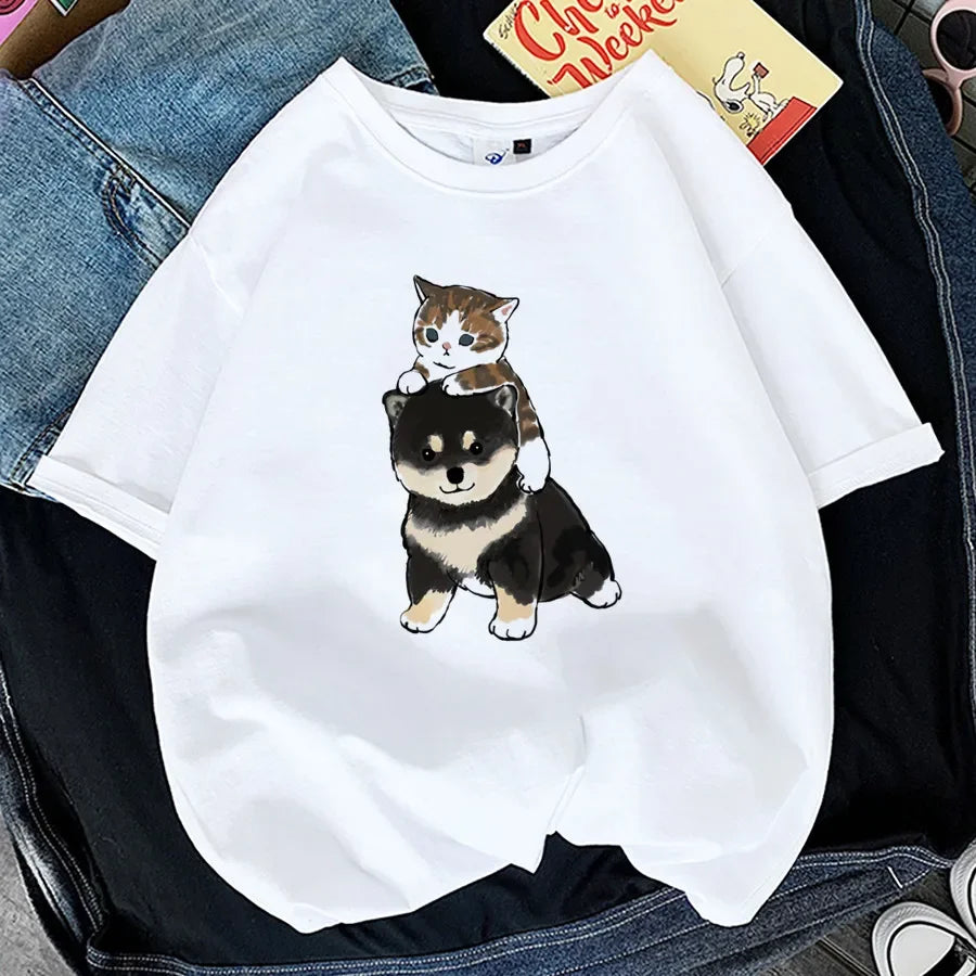 Tops Woman 2024 T Shirt Kawaii Cat Shark Print T-shirt Summer Korean Harajuku Fashion Short Sleeve Tee Funny Animal Graphic Tee