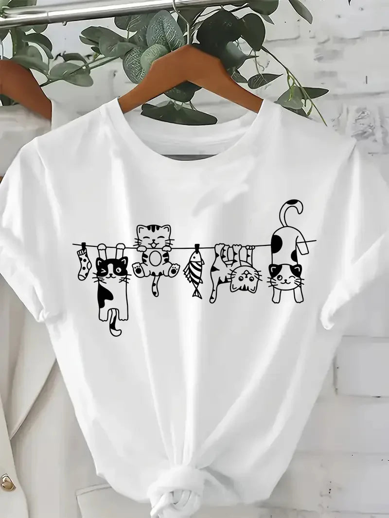 Anima 90s Manga Climb Cute Cat Design Print T-shirt Short Sleeve Crew Neck Women's Clothing Top Tee