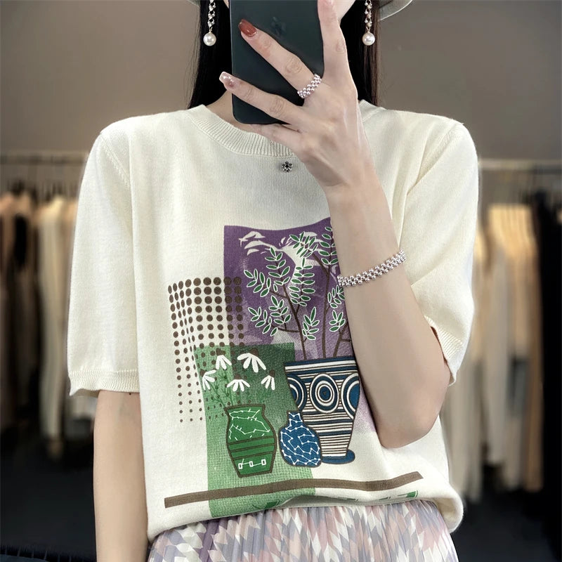 Summer New 100% Cotton Knitted Short-Sleeved Women's Round Neck Color Matching Printed T-Shirt Loose Plus Size Half Sleeve Top