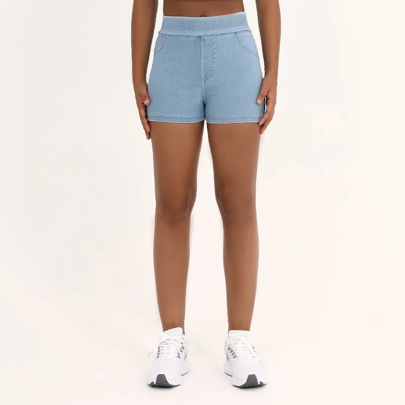 High Waist Dual Pocket Denim Yoga Shorts Women Tight Workout Shorts Gym Fitness Stretchy Shorts Outdoor Sports Wear