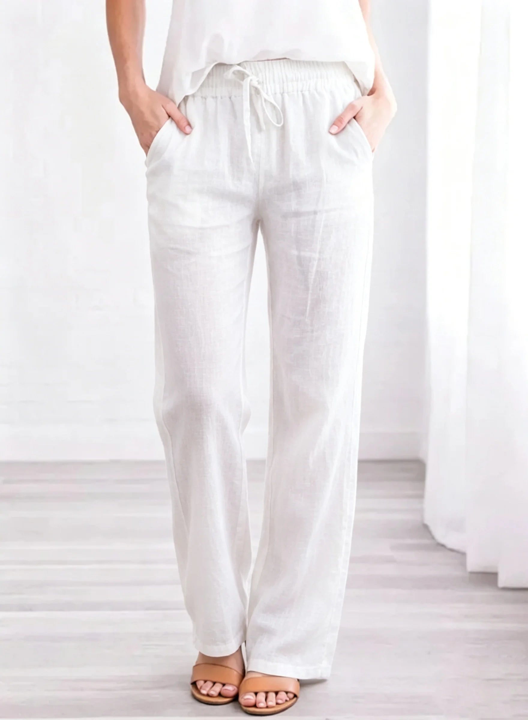 Women Cotton Linen Drawstring Pants Elastic Waist Casual Solid Color Trousers Baggy Loose Straight Leg Breathable Sweatpants