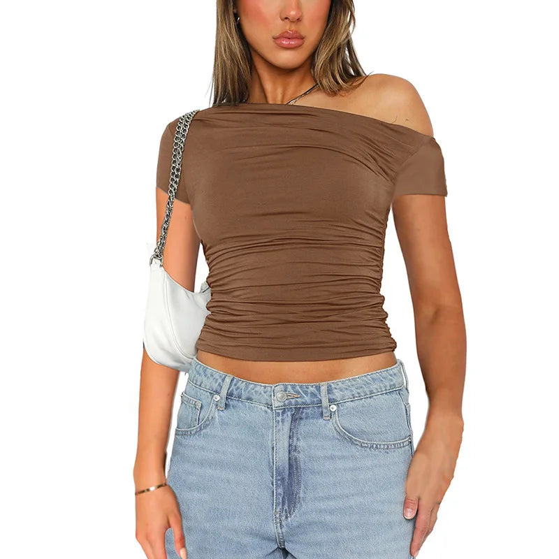 Solid Color High Elasticity Fabric Slash Shoulder Short Sleeve Pleated Navel Reveal Top for Women Casual Shrinkage Top